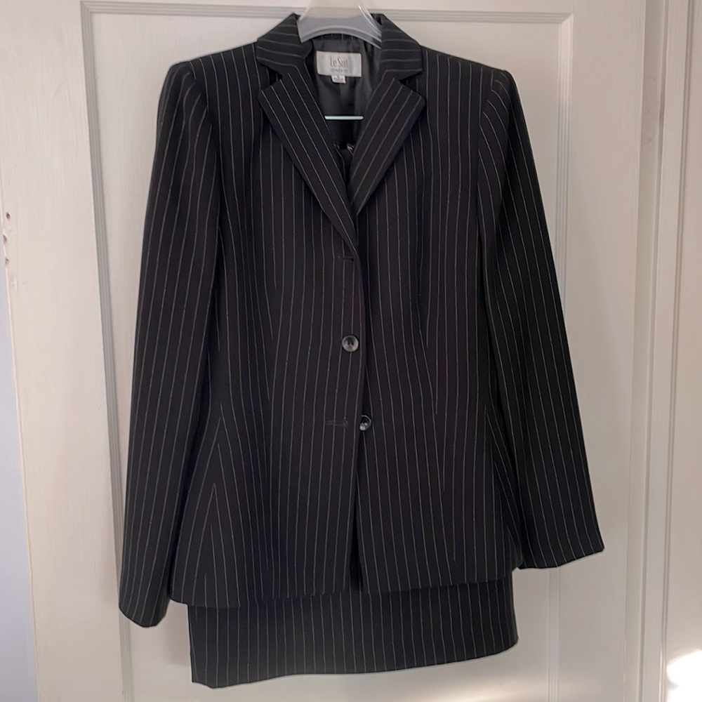 Le Suit black and white pinstripe skirt suit